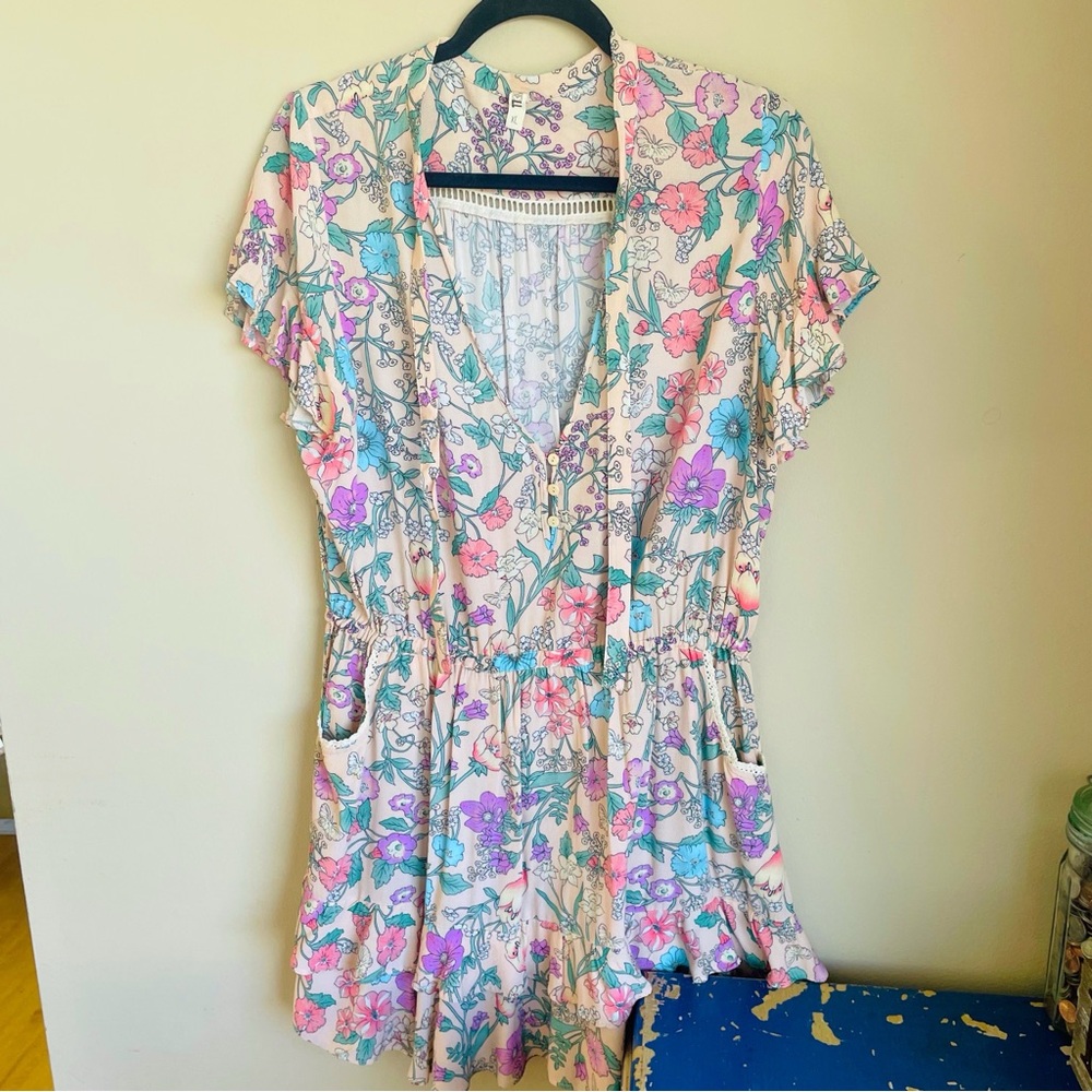 Spell Floral Mini Sun Dress in Pink and Green